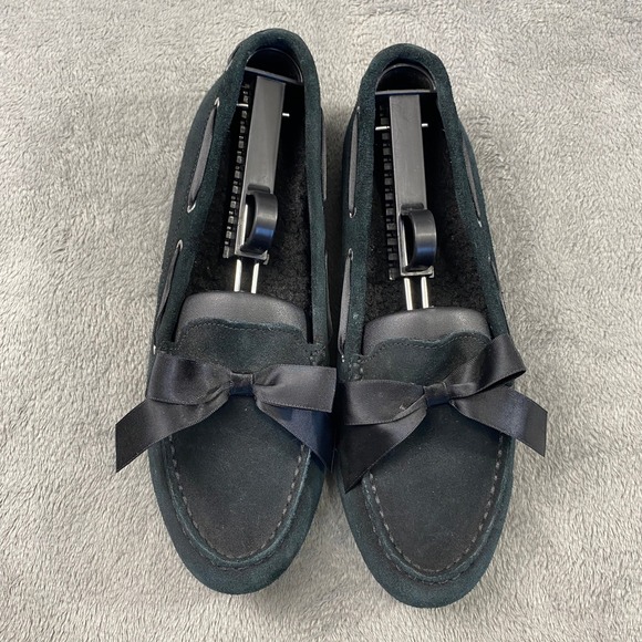 Vionic Alice Moccasin Loafers Womens 8 Black Suede Faux Fur Satin Bow Driving - Picture 9 of 10